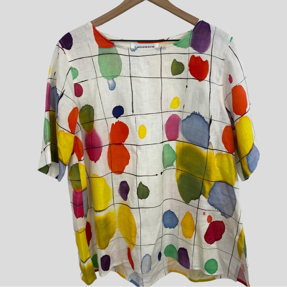 Caroline Rose White Linen Abstract Windowpane Paint Box Tunic - Picture 1 of 9